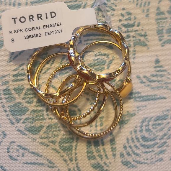 NWT GOLD-TONE & CORAL ENAMEL RING SET OF 8 - Picture 12 of 15